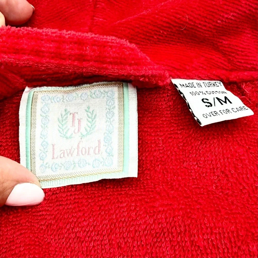 TJ Lawford Red Turkish Cotton Terry Cloth Robe Shawl Collar Crest Loungewear S/M